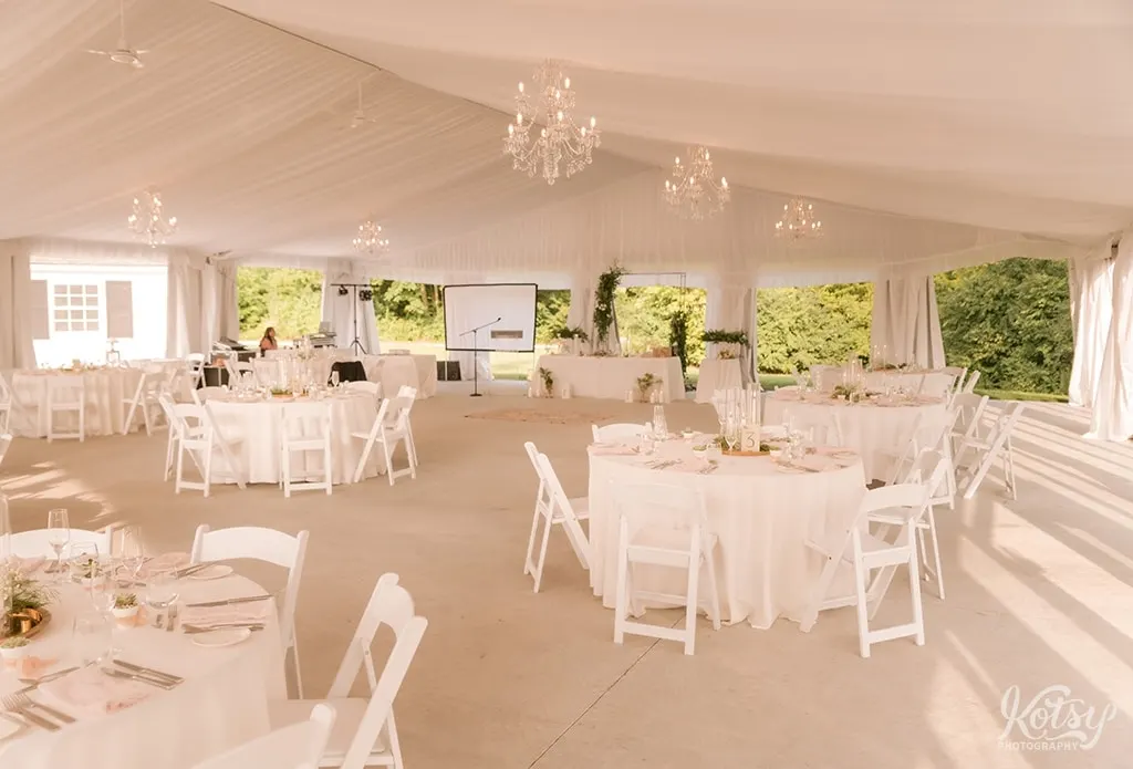 A photograph of a reception set up at Harding Waterfront Estate in Mississauga, Canada