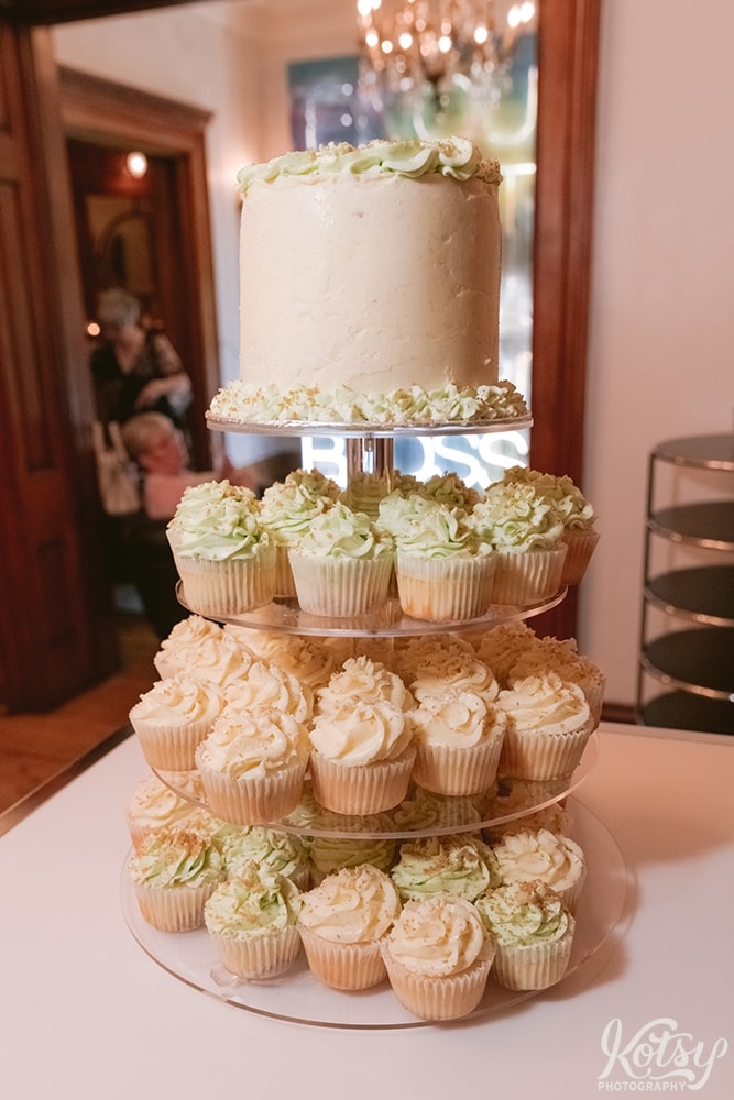 A close up shot of a cupcake wedding cake at a Berkeley Bicycle Club wedding reception in toronto, ontario