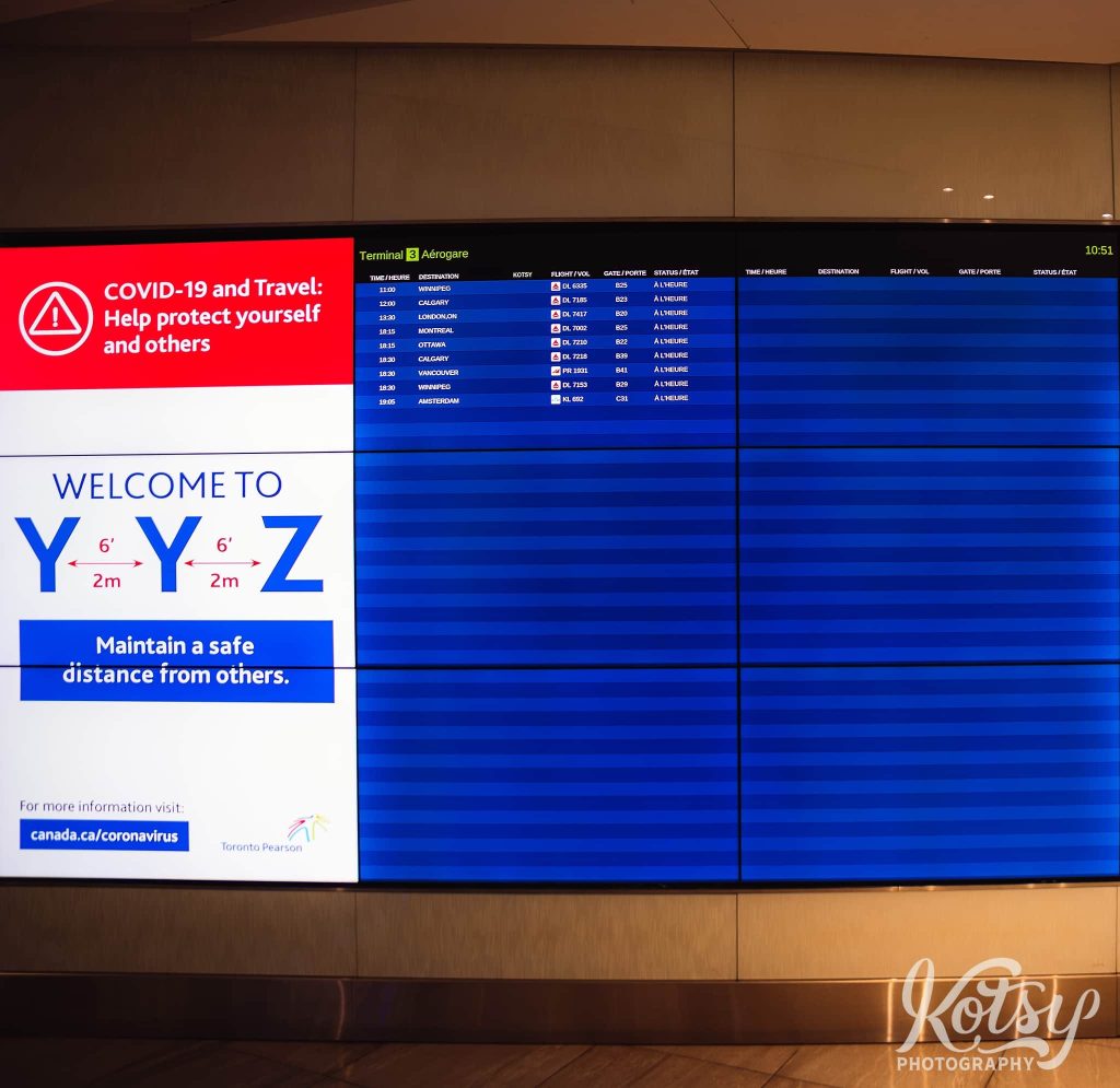 A near empty departure board at Pearson Airport in Toronto during the covid-19 pandemic