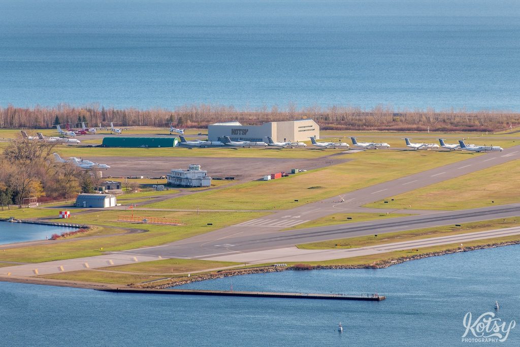 Aerial view of Billy Bishop airport with many grounded planes during the Covid-19 pandemic in Toronto