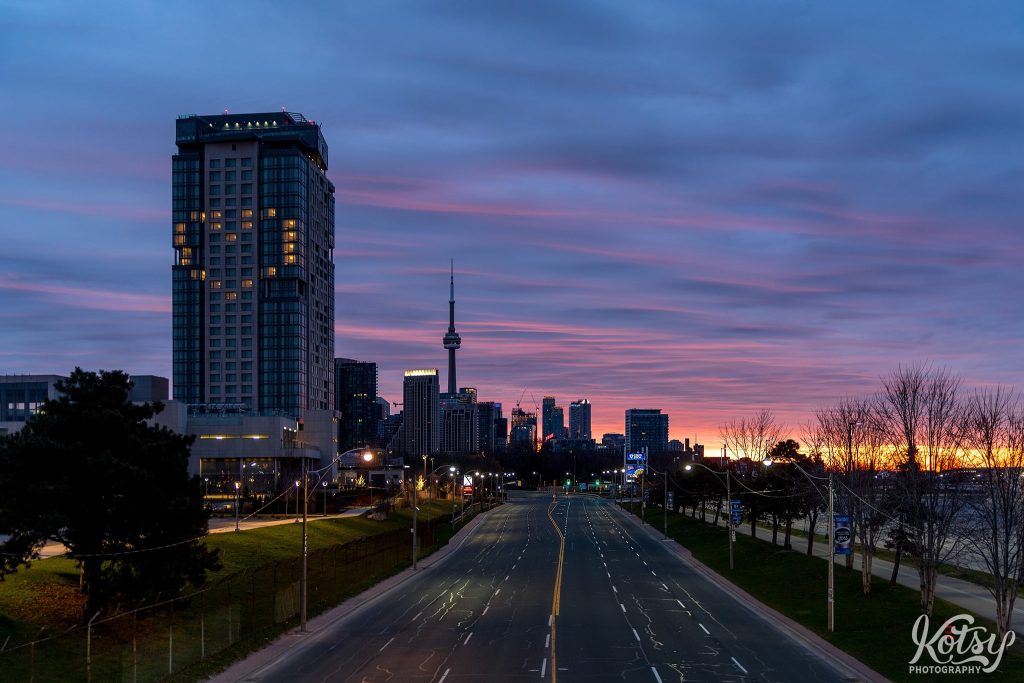 Aerial view of Lake Shore Boulevard at sunrise with a heart seen at Hotel X. Photographed in Toronto during the Covid-19 pandemic