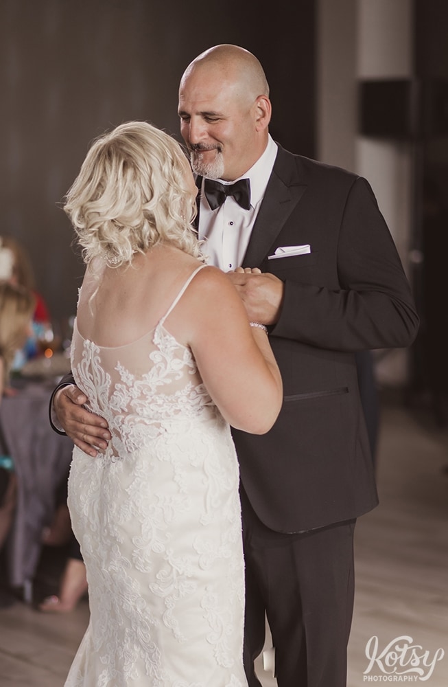 A bride and groom enjoy their first dance at their wedding reception at Universal EventSpace in Vaughan