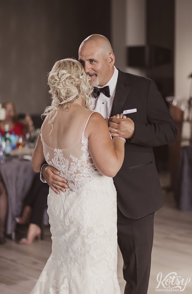 A bride and groom enjoy their first dance at their wedding reception at Universal EventSpace in Vaughan