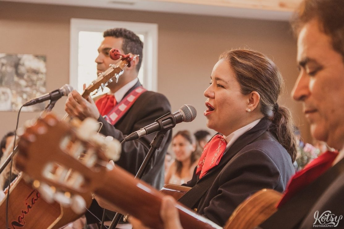A close up shot of a woman singing and playing a guitar at a sweet 16 birthday party.