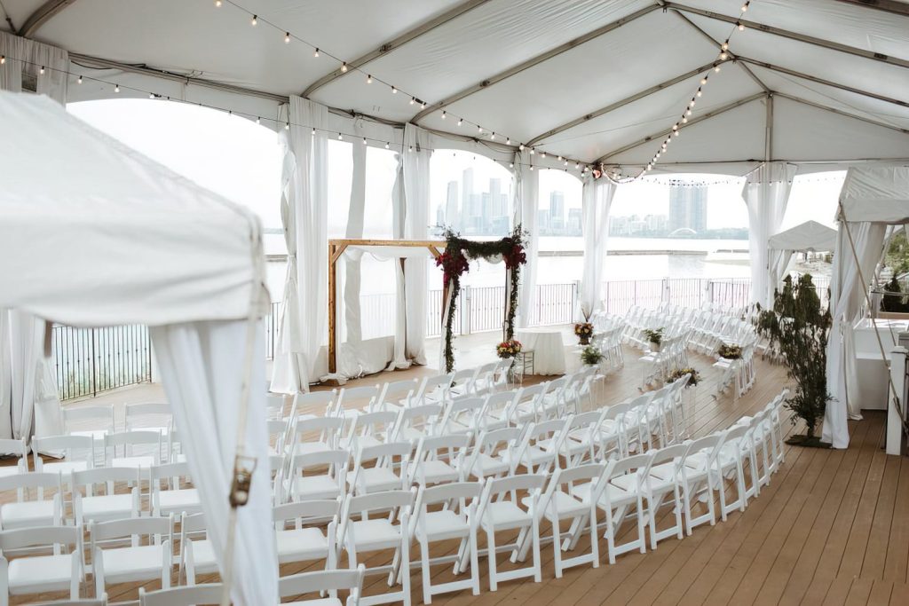 Palais Royale patio set up for a wedding ceremony