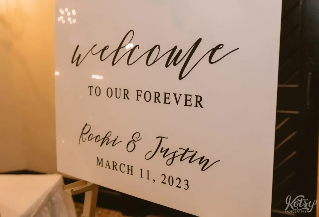 A welcome sign for Justin & Roohi's wedding at Old Mill in Toronto