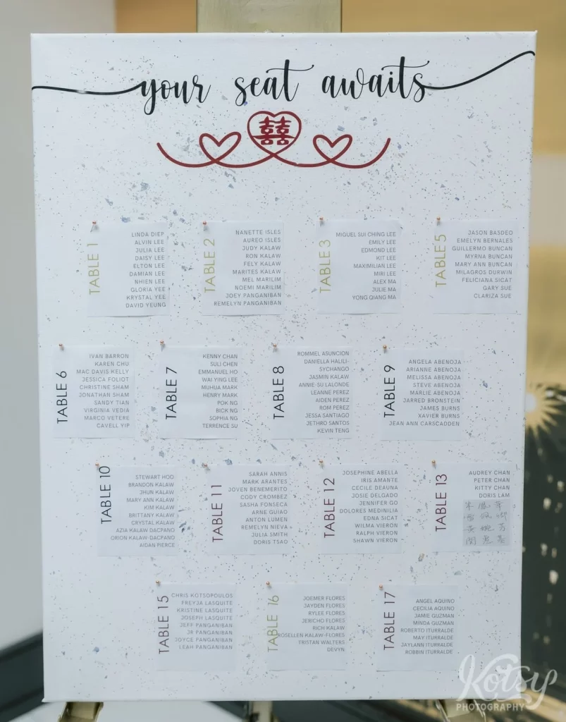 Seating chart for a wedding at The Vue in Toronto