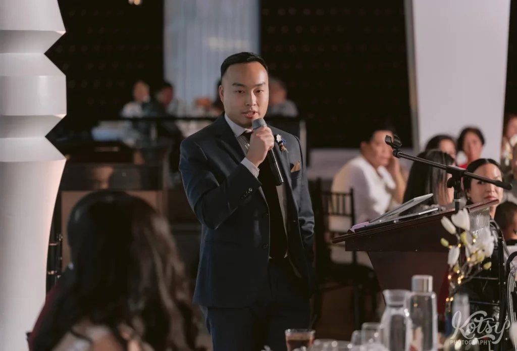 A man makes a speech during a wedding reception at The Vue Event Venue in Toronto