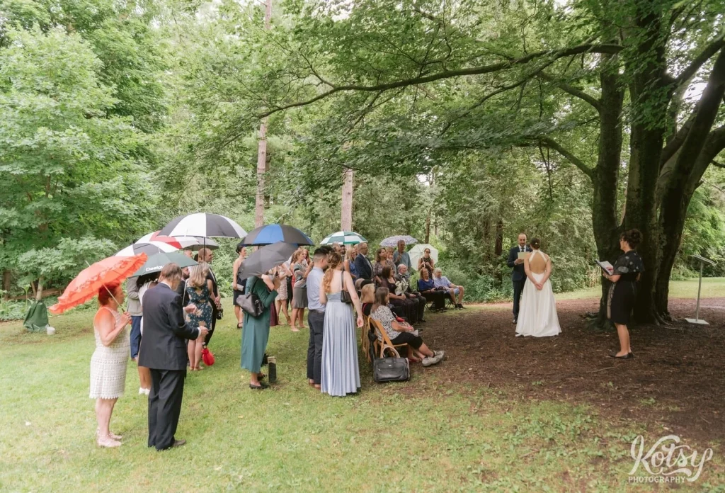 A wide shot of a crowd watching a wedding ceremony in Edwards Gardens in Toronto